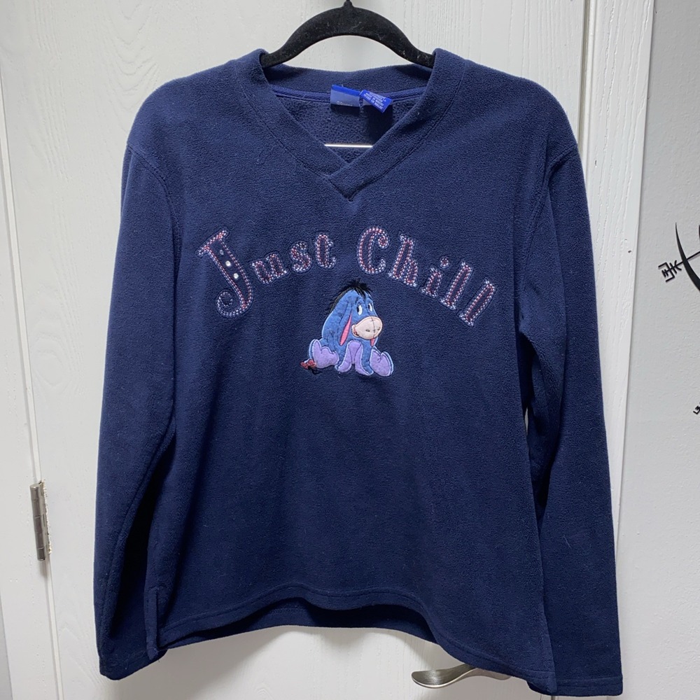 Vintage V Neck Disney Eeyore Just Chill‎ Fleece Sweatshirt Small Y2K